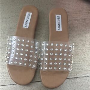 Steve Madden Tan and Cream Studded Sandals with Clear Straps